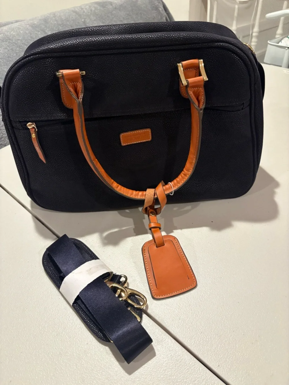 Women’s Navy weekender bag  with Brown Leather Handles and Trim - Picture 2 of 8
